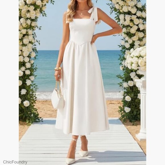 Spaghetti Strap Maxi Dress Square Neck Backless A-Line Wedding Guest - Picture 6 of 7